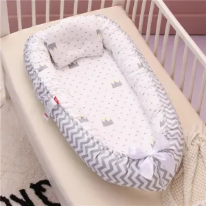 Reducteur de lit bebe nid cocon naissance à 36 mois 85*50cm portable avec oreiller - 5 - gris clair blanc - zigzag couronne pois