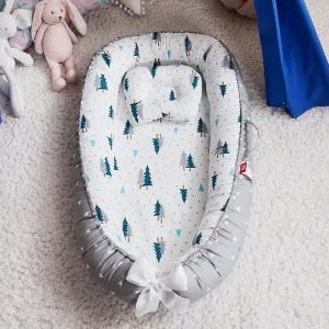 Reducteur de lit bebe cocon ange de naissance à 24 mois portable avec oreiller- gris blanc à pois sapin