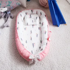 Reducteur de lit bebe cocon ange de naissance à 24 mois portable avec oreiller - rose blanc gris sapin