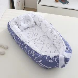 Reducteur de lit bebe cocon ange de naissance à 24 mois portable avec oreiller - bleu blanc elephant