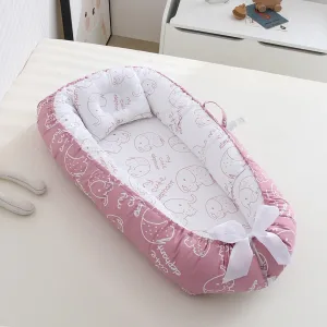 Reducteur de lit bebe cocon ange de naissance à 24 mois portable avec oreiller- rose blanc elephant